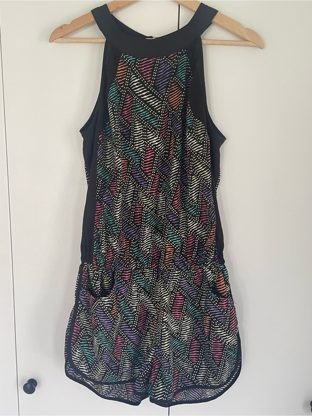 stradivarius Black Multicolor Geometric Halter Romper